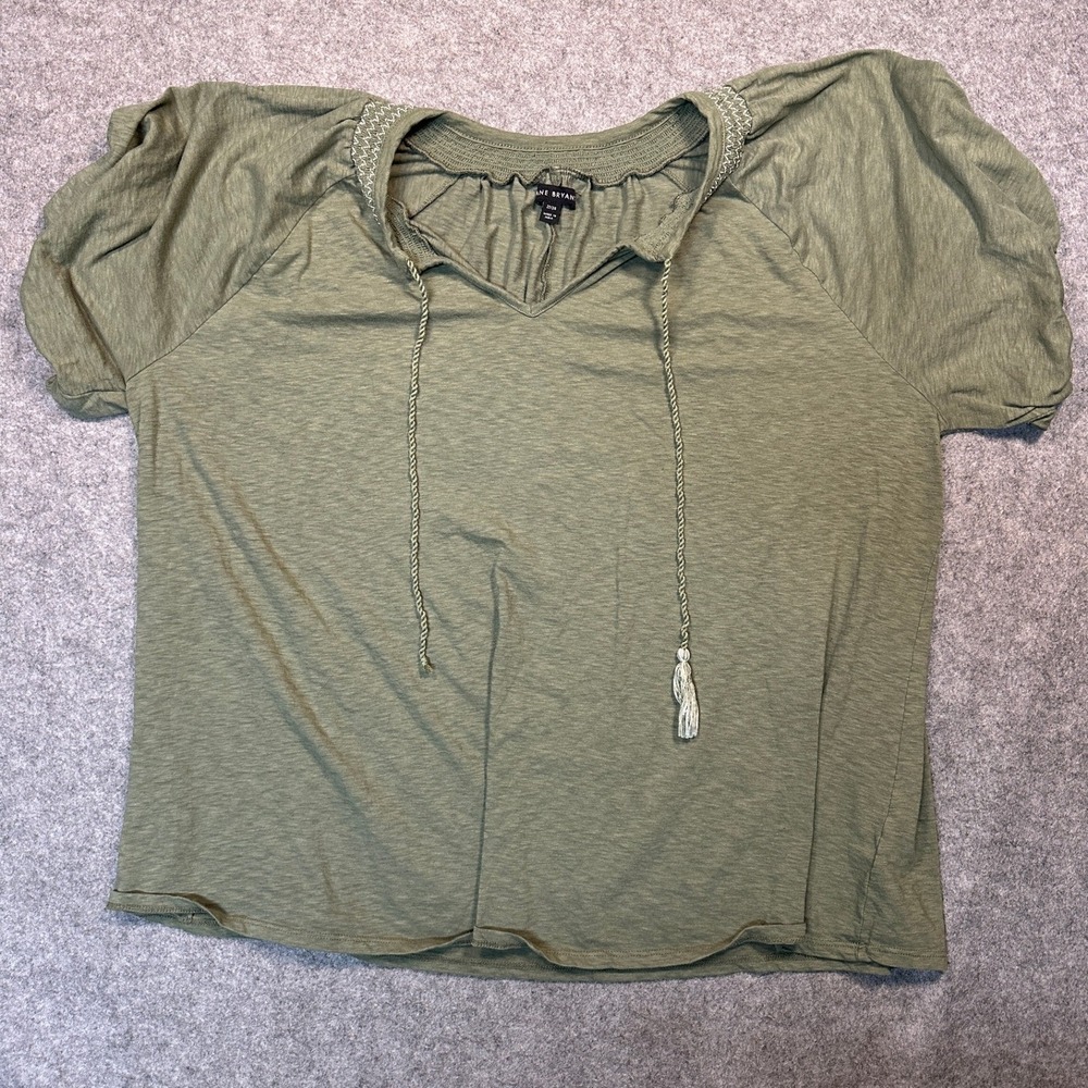Lane Bryant Embroidered‎ Tassel Peasant Top 22/24 Olive Green Slub Knit